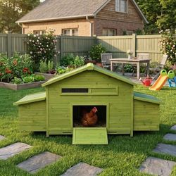 70" Yellow / Green Large Wooden Outdoor Chicken Coop / Hen Houser w/ 2 Sided Nesting Box & Leakproof Tray [NEW] **Retails for $240