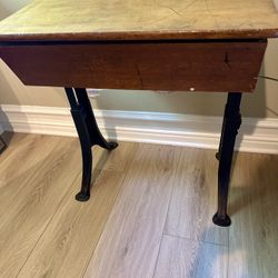 ANTIQUE INDUSTRIAL SCHOOL DESK ADJUSTABLE LEGS BLACK STEAMPUNK INKWELL HOLE Very Cool Engravings Opens Up For Storage.