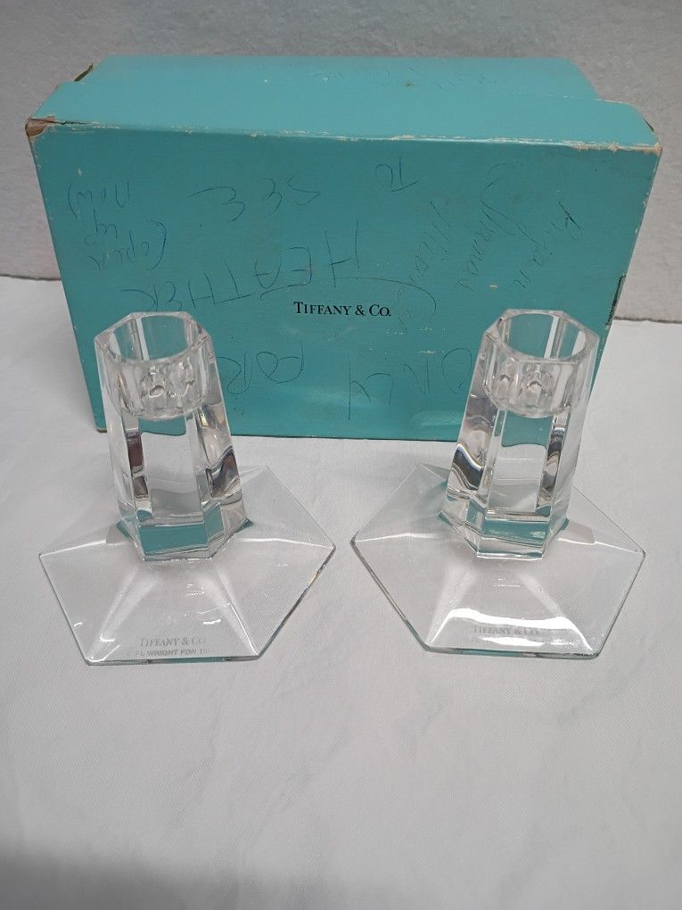 Vintage Tiffany & Co Frank Lloyd Wright Crystal Candlesticks Pair 1986 FDN