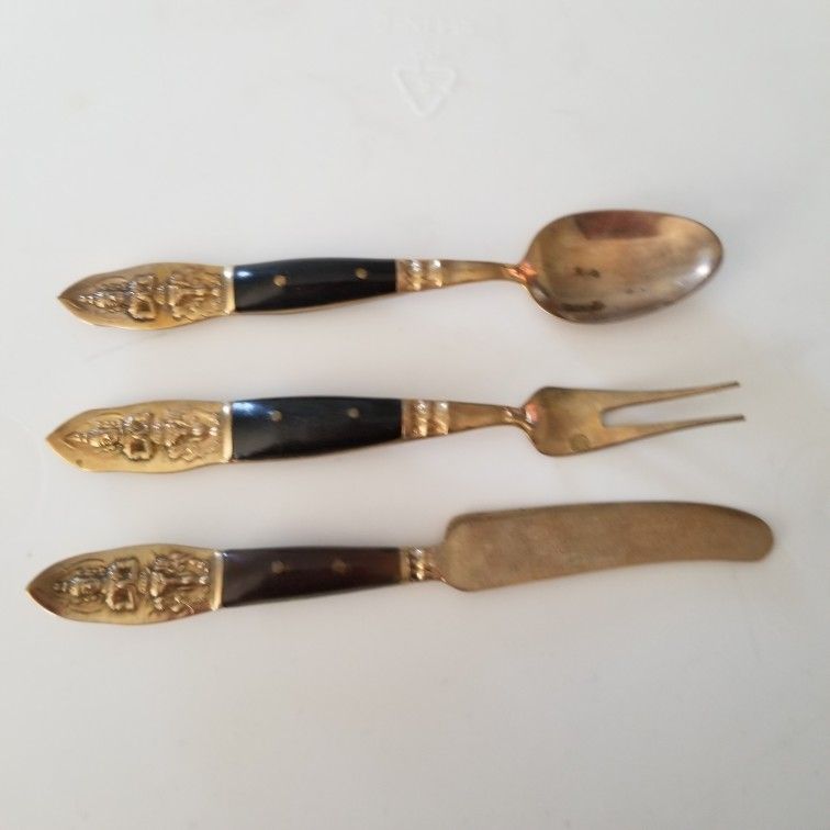 Vintage 3-Piece Siam ThialandBrass/Bronze With Buddha Head And Rosewood Handled Mini Set.1-Fork, 1-Spoon,1-Knife