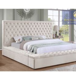 Beige King Size Bed - Draped In Beige Button Tufted Velvet