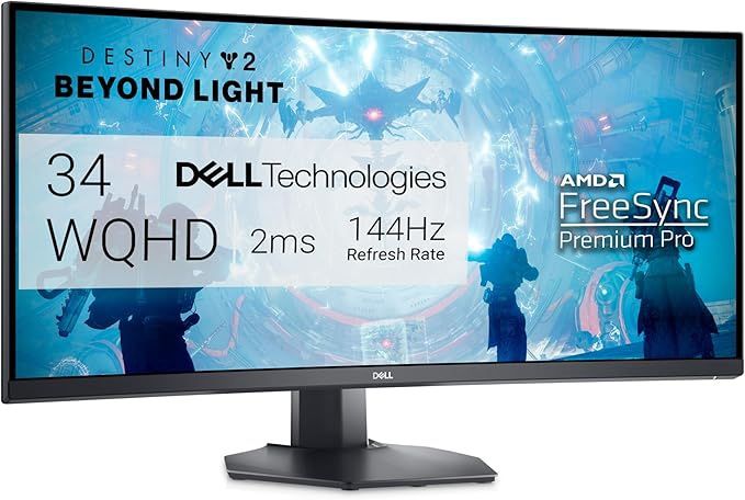 Dell S3422DWG Curved Gaming Monitor - 34 Inch 1800R Curved Screen with 144Hz Refresh Rate, WQHD (3440 x 1440) Display, HDMI, DP to DP 1.4 Cable, AMD F