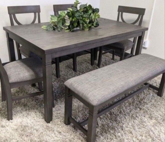 ✅️✅️6 pc bridget ii grey finish wood dining table set padded seat chairs and bench✅️✅️