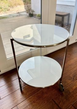 Vintage Ikea STRIND White Glass & Metal Rolling Side Table