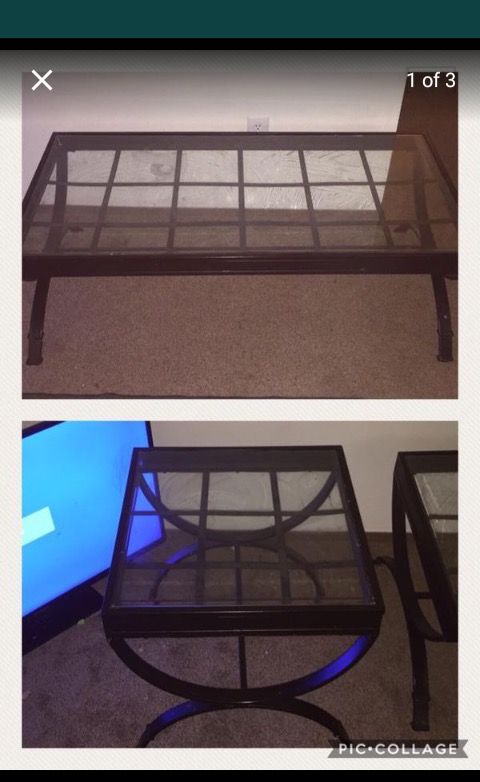 Coffee table and one end table, metal with glass top. Great condition