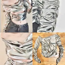 VERTE NWT SEXY Y2K Asymmetrical neck Metallic Ruched sleeves draped crop top M