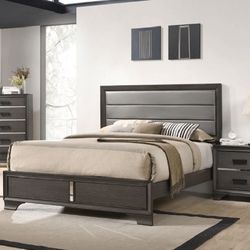 Queen Bed  Gray Glam Mirrored Insets Upholstered Headboard pick up can deliver 