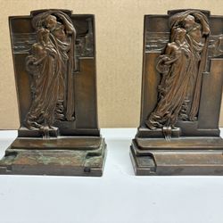 Antique 1925 "Adoration " Bronze Bookends By Pompey's Bronze Company 