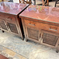 Pair Of Solid Wood Nightstands With Glass Tops 
