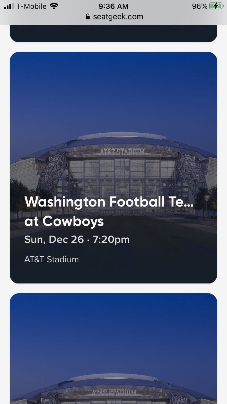 2 tickets For Washington Football Team vs Dallas Cowboys 