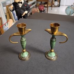 Pair Of Solid Brass Judaica Candle Holders With Teal Accents & Finger Holders Handmade In Israel W/Hebrew Writing On The Base 5"H