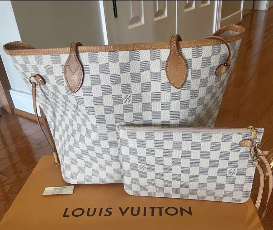 Preloved Louis Vuitton Damier Azur Neverfull MM Tote Bag with Pink