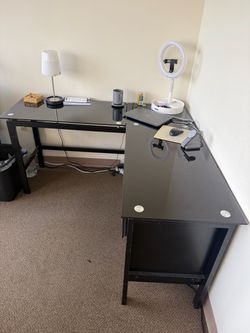 L Shaped Black Glass Desk With Drawers