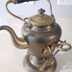 Rare Antique Brass Tipping Tea Kettle With Kerosene Warmer P