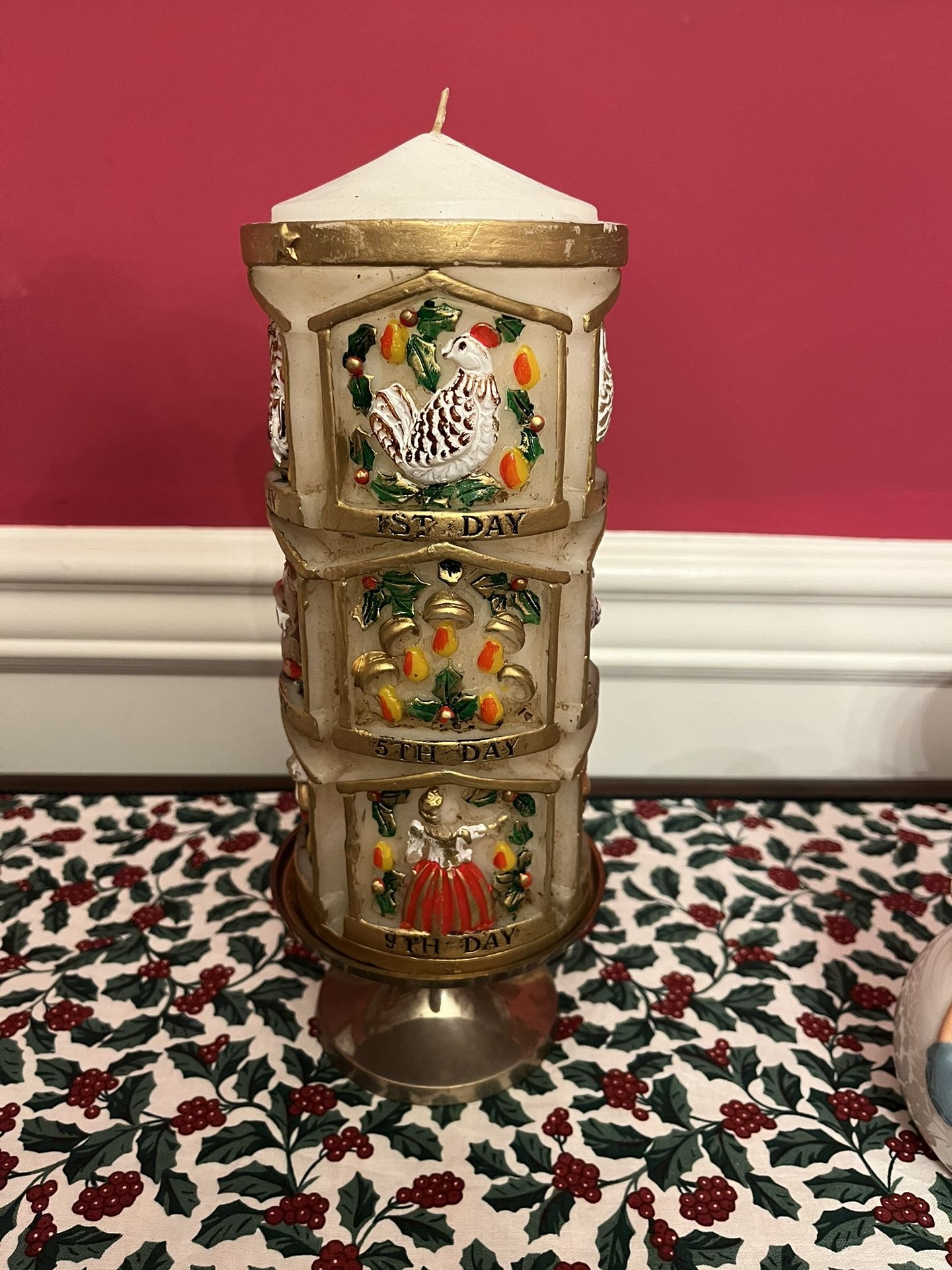 Vintage Twelve Days Of Christmas Pillar Candle With Stand