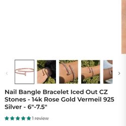 Nail Bangle Bracelet Iced Out CZ Stones - 14k Rose Gold Vermeil 925 Silver - 6"-7.5