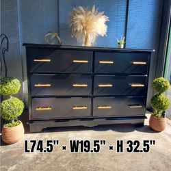 Black Dresser 6 Drawers All Wood  Refinished Black And Gold Bar Pulls