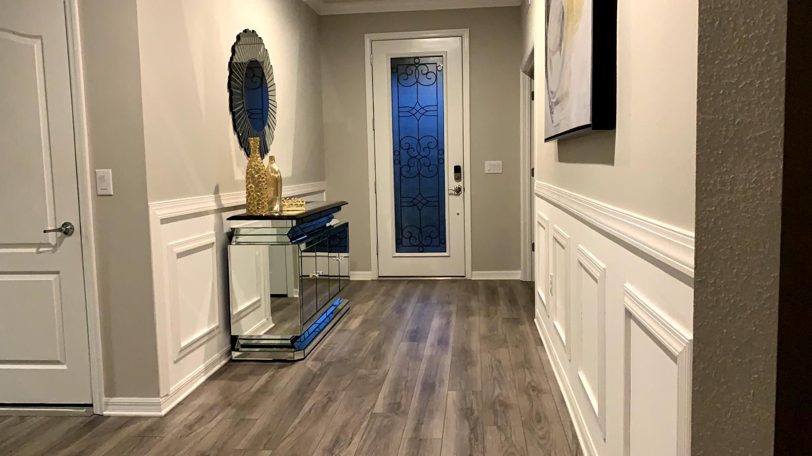 Crown Molding, Wainscoting, Baseboard.