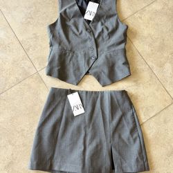 NWT Zara grey waistcoat Medium  and matching slit skort Large set.  Women 