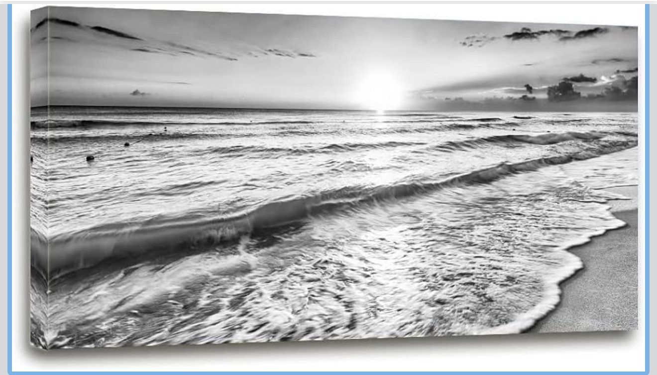 Black and White Large Ocean Sea Waves Nature Canvas Wall Art Picture Print (58”x29”)