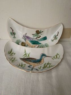 hand-painted Bird design bone dish gold trim porcelain dish