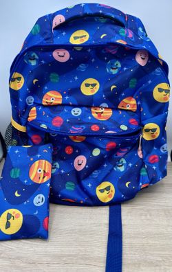 Kids Space Planet Emoji Backpack Matching Pencil Pouch Blue