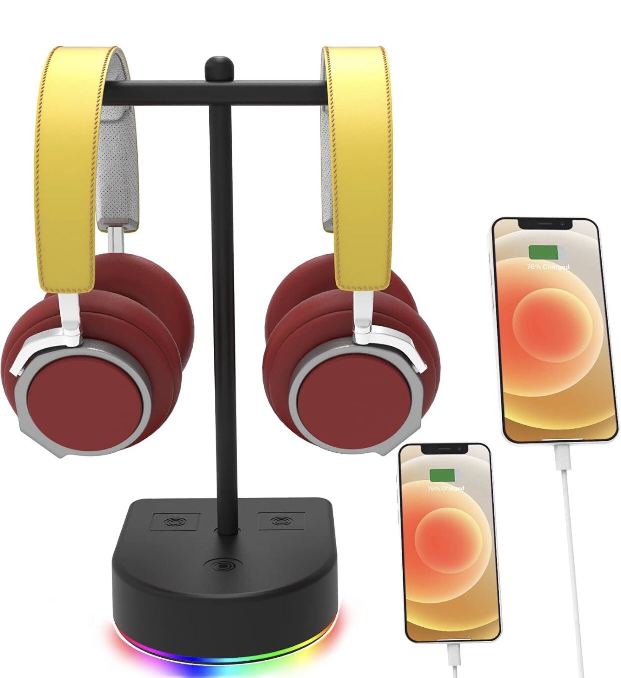 RGB Dual Headphone Stand with USB Charging Port, Desk Gaming Double Headset Holder
