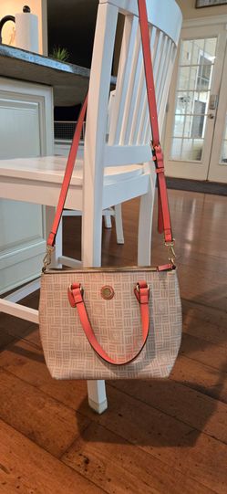 Anne Klein Signature Logo Crossbody Satchel Purse Coral Peach Beige Convertible