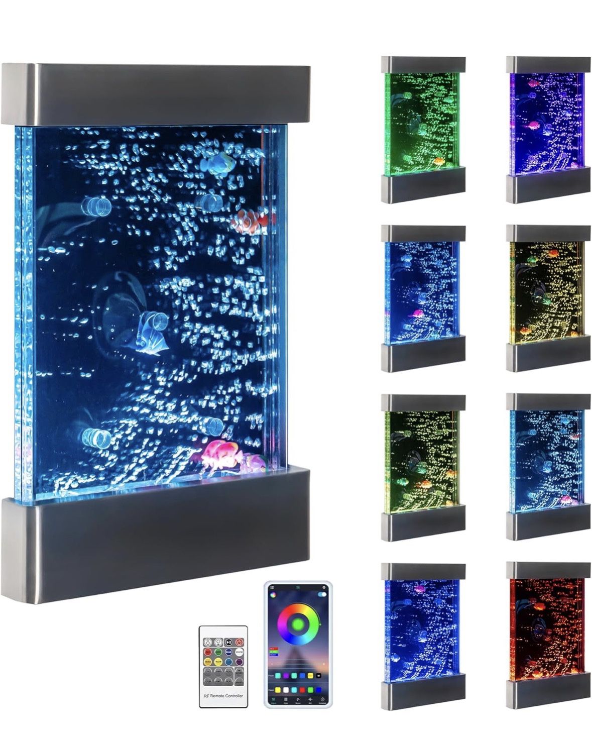 LED Sensory Bubble Wall Water Panel – 24"x16" Stainless Steel Wall-Mounted Panel with Floating Fish, Color-Changing Lights, Remote & APP