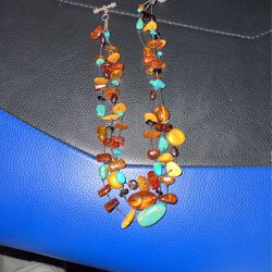 Amber turquoise three beaded Necklace