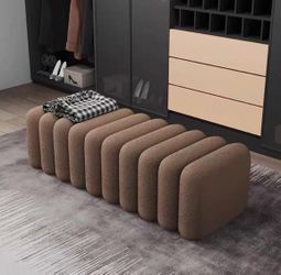 Brown Boucle Upholstered Bench Ottoman