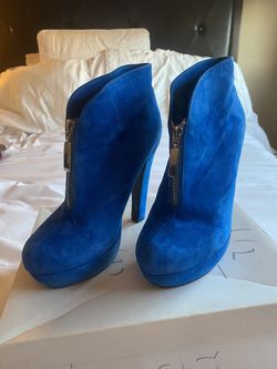 Vintage OFFICE London Electric Blue Suede Bootie Heels - Size 7.5