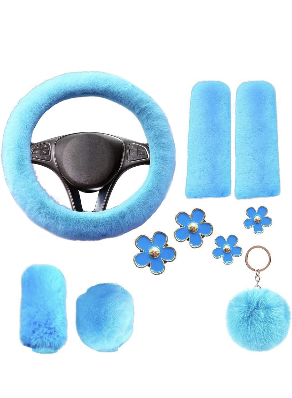 Blue Fluffy Car Steering Wheel Set