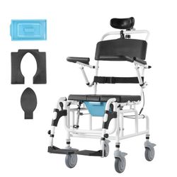 4-in-1 Bedside Commode Chair, Tilt 30°Shower Commode Wheelchair, Shampoo Chair with Headrest and Bucket
