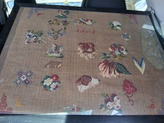 Antique American Sampler C 1875 Practice Embroidery Large Framed Maine. Great piece of Americana!...asking $250.00