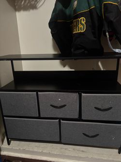 Black Dresser with Fabric Drawers and Shelf