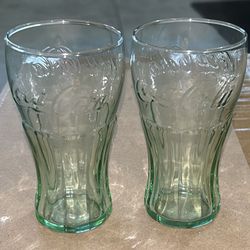 Set Of 2 Vintage Green Glass CocaCola embossed Small glasses 4” tall