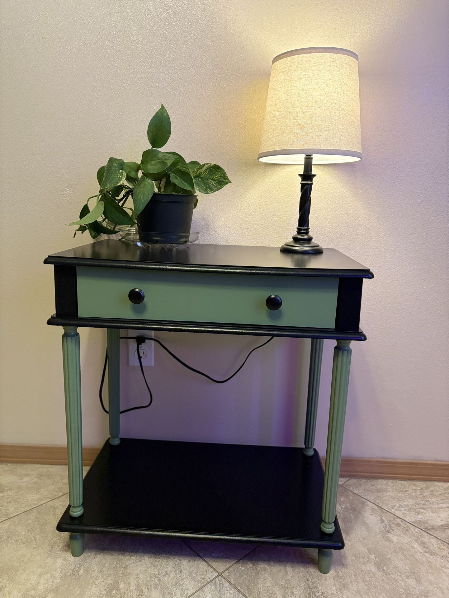 Refinished Two-Tone Side Table with Drawer and Shelf