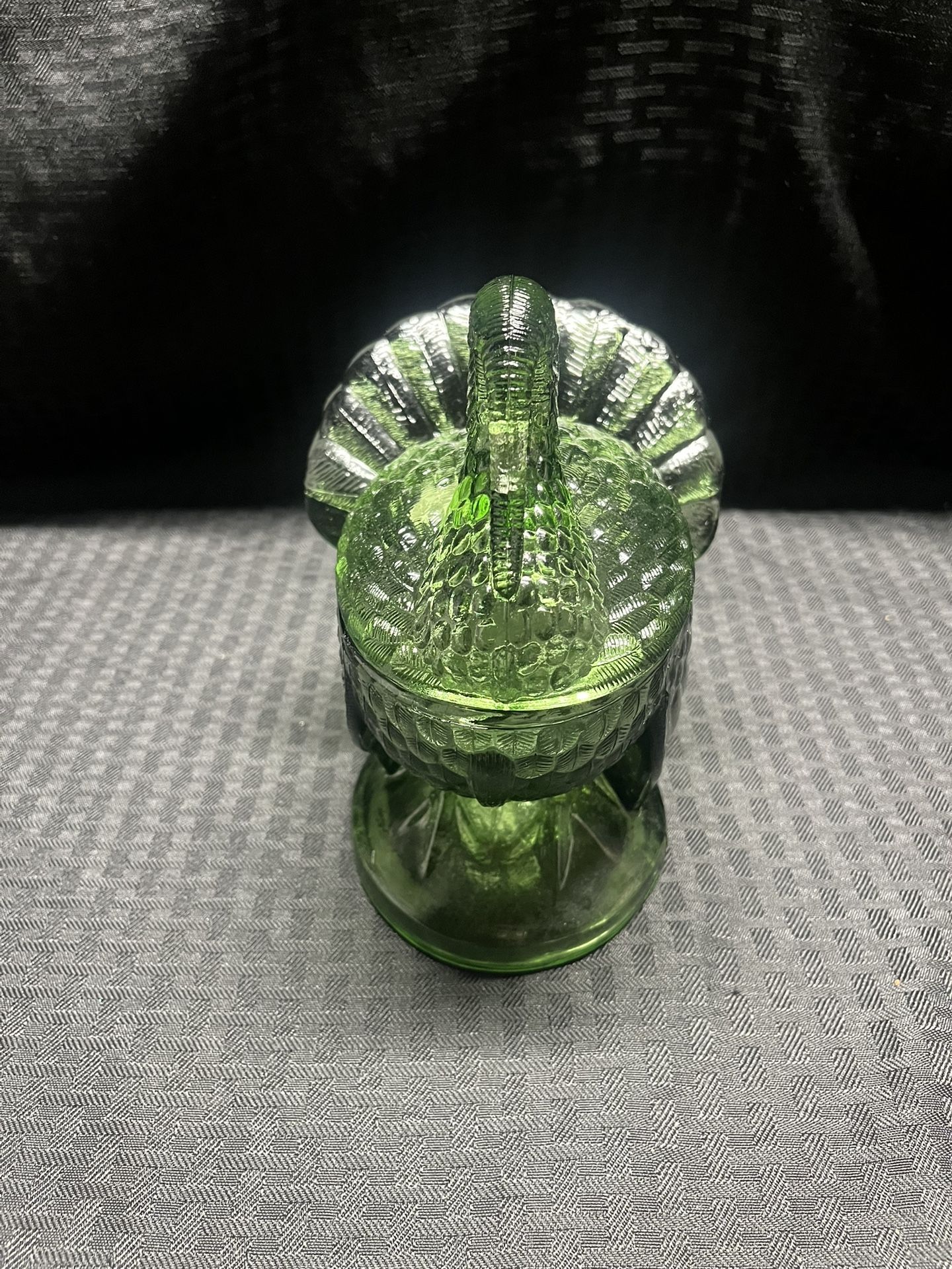 Vintage LE Smith Green Glass Turkey Covered Candy Dish