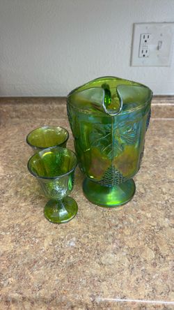 Harvest grape Indiana Glass lime green carnival glass pitcher and goblets set