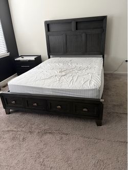 Free Bed frame like new with droors, reading  lights queen with foundation