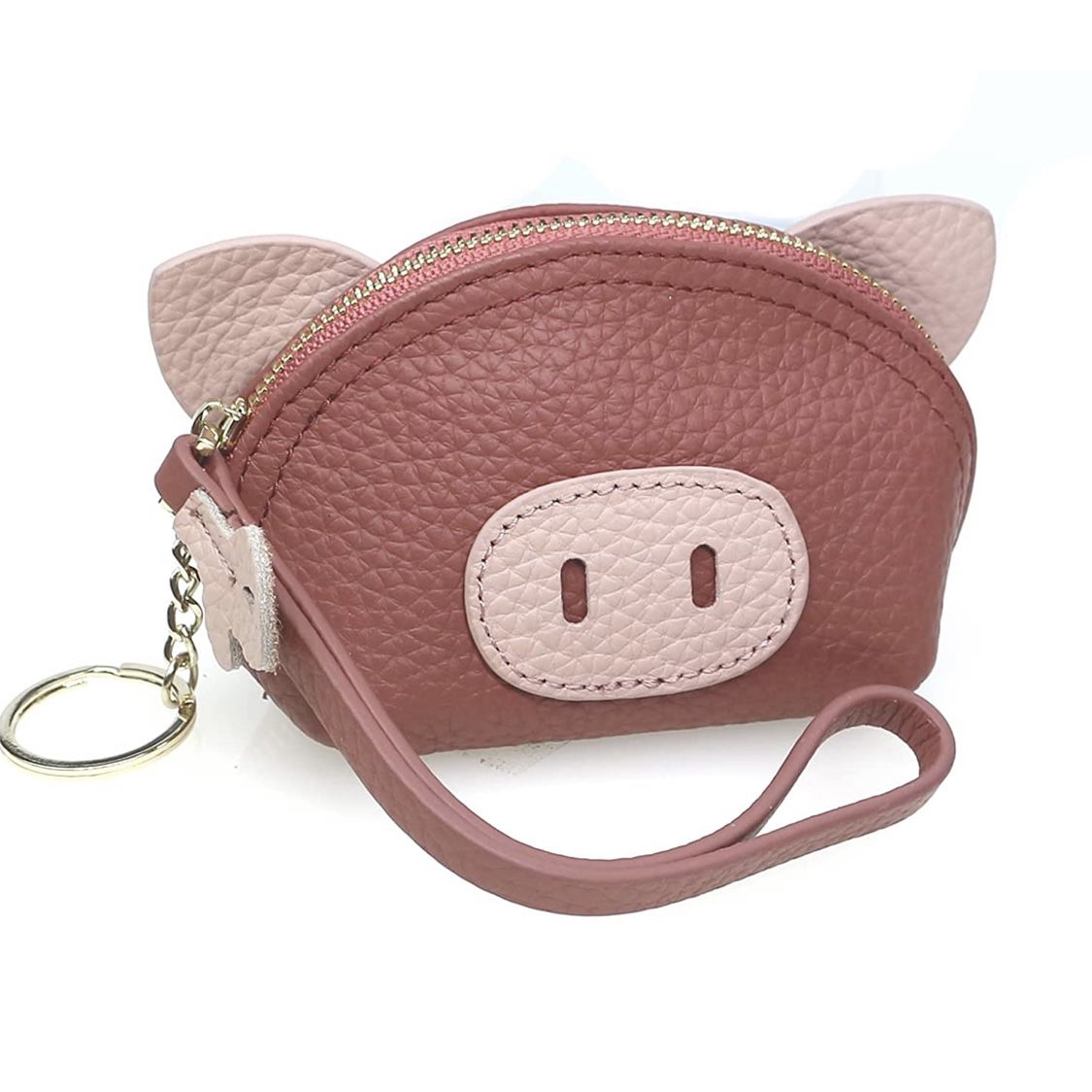 New-Cute Pig Small Mini Coin Purse for Women,100% Soft Genuine Leather Change Purse Wallet with Keychain and Zipper (Light red)