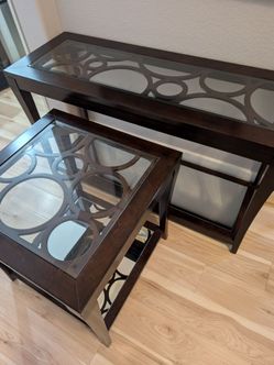 Wooden Console and end table with glass on top and mirror on the bottom