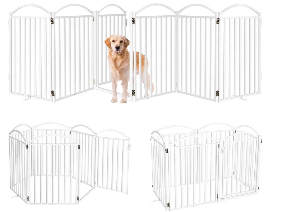 Malier 6-Panel Dog Gate with Door – 32" High Freestanding Fence, White (E39)