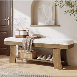 YT0076 Upholstered Entryway Bench with Storage Shelf, Indoor Cushioned Shoe Bench Seat, Farmhouse Skinny End of Bed Benches