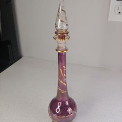 Vintage Hand blown Egyptian Glass Perfume Bottle floral cranberry Gold trim