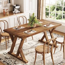 Solid Wood Dining Table for 4-6 People, 63 Inches Wooden Farmhouse Rectangular Kitchen Dinner Table with Heavy-Duty Legs for Home, Living Room, Dining
