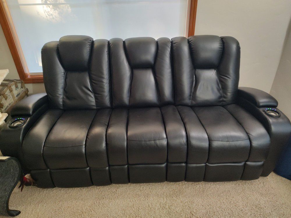 Leather Recliner POWER RECLINING Couch With Lights, Outlets & USB