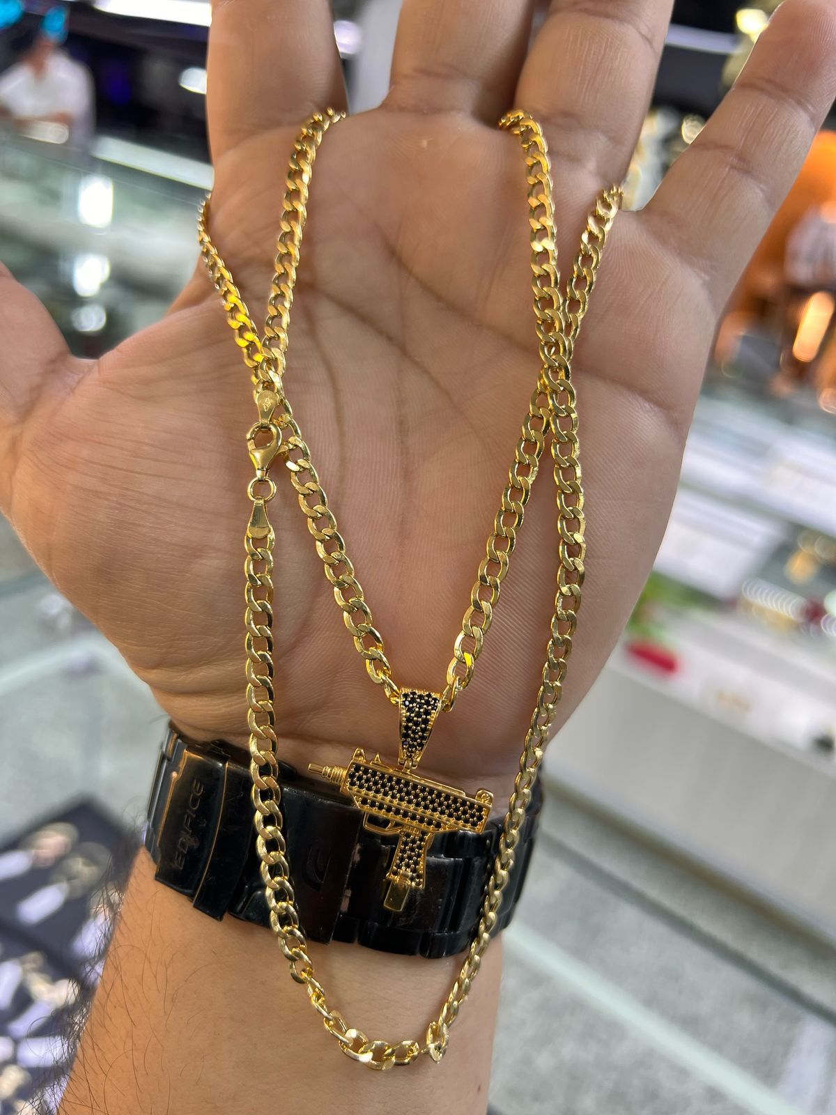 18K Colombian Gold Cuban Chain + Black CZ Mini Uzi - Certified Luxury & Urban Style