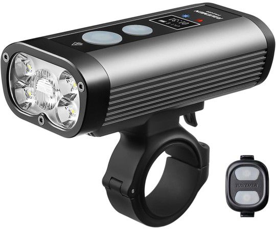 RAVEMEN PR2400 Bike Light for Mountain Biking, 2400 Lumens Bike Headlight with OLED Runtime Display, USB Output, Far Reaching High Beam, Anti-Glare Lo